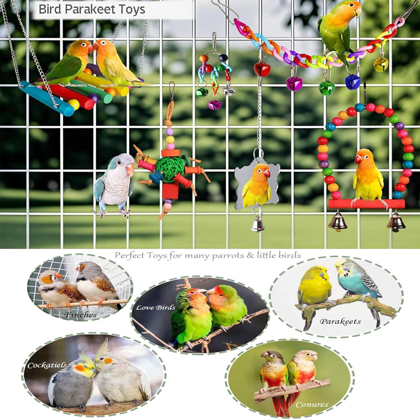 8 Pcs Bird Parakeet Cockatiel Parrot Toys, Hanging Bell Pet Bird Cage Hammock Swing Climbing Ladders Toy Wooden Perch Chewing Toy for Small Parrots, Conures, Love Birds, Finche