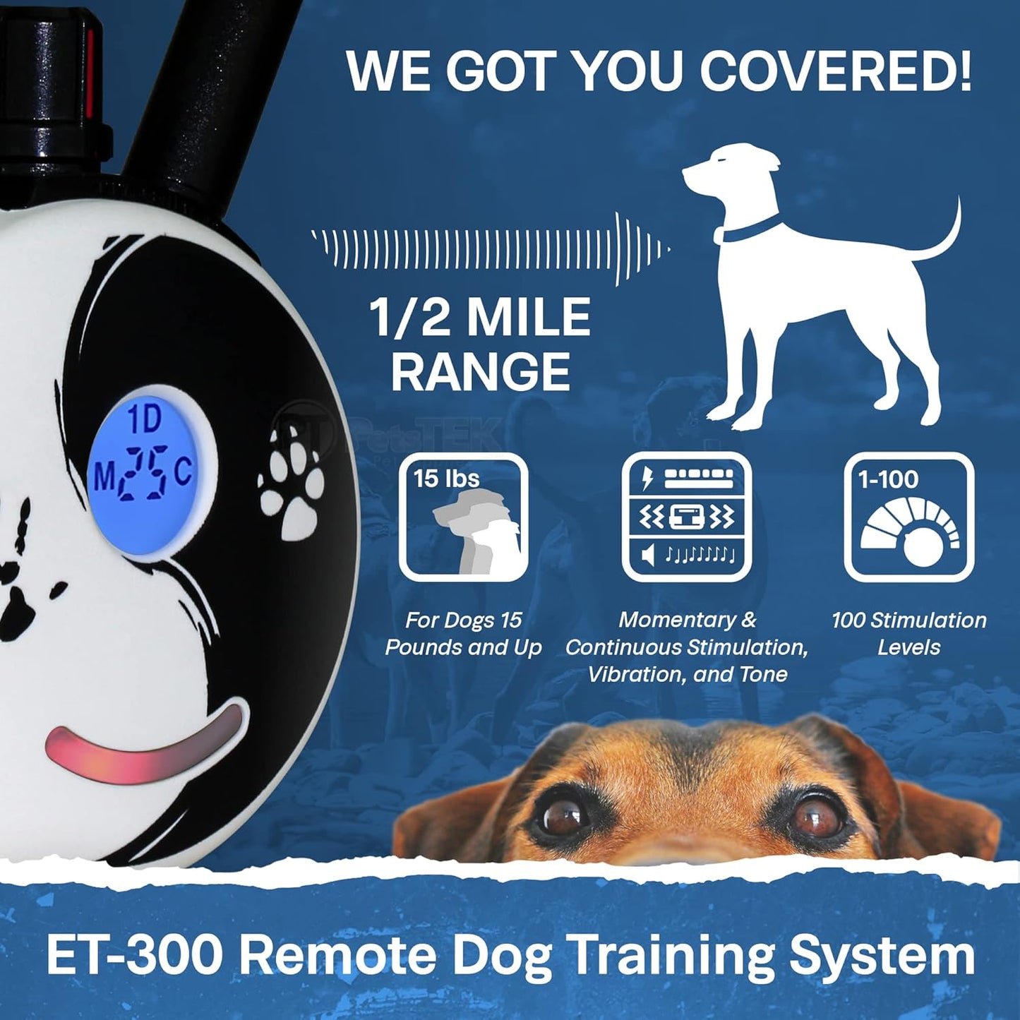 E-Collar - ET-300ZEN - 1/2 Mile Remote Waterproof Trainer Mini - Static, Vibration and Sound Stimulation Collar with Petstek Dog Training Clicker
