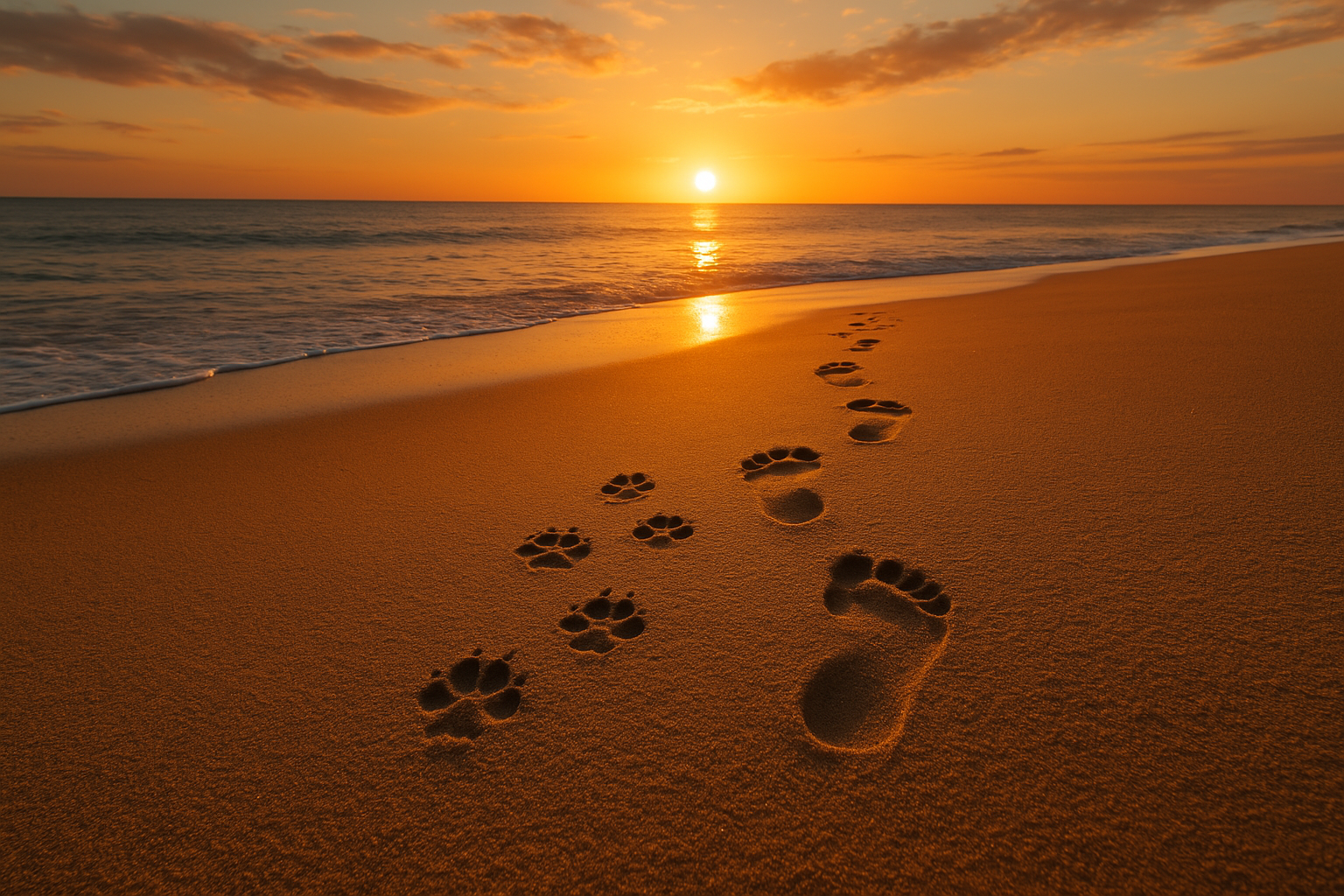 both a mans and a dogs foot/paw prints in the sand as they go off into the sun set