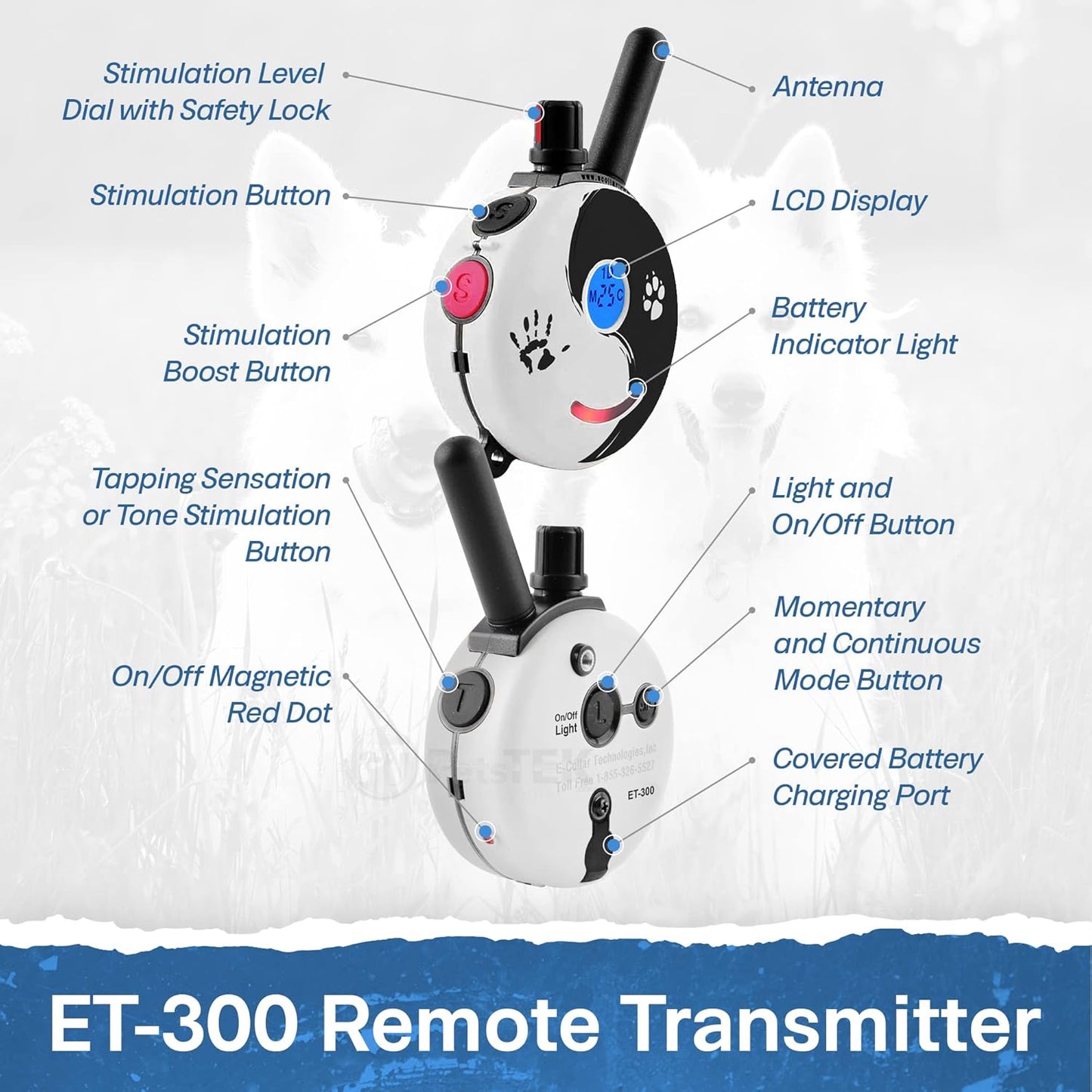 E-Collar - ET-300ZEN - 1/2 Mile Remote Waterproof Trainer Mini - Static, Vibration and Sound Stimulation Collar with Petstek Dog Training Clicker