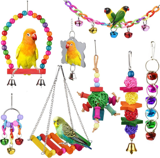 8 Pcs Bird Parakeet Cockatiel Parrot Toys, Hanging Bell Pet Bird Cage Hammock Swing Climbing Ladders Toy Wooden Perch Chewing Toy for Small Parrots, Conures, Love Birds, Finche