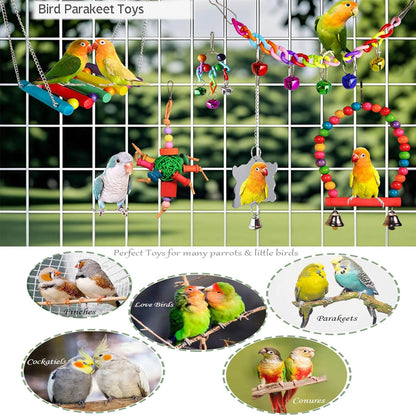 8 Pcs Bird Parakeet Cockatiel Parrot Toys, Hanging Bell Pet Bird Cage Hammock Swing Climbing Ladders Toy Wooden Perch Chewing Toy for Small Parrots, Conures, Love Birds, Finche