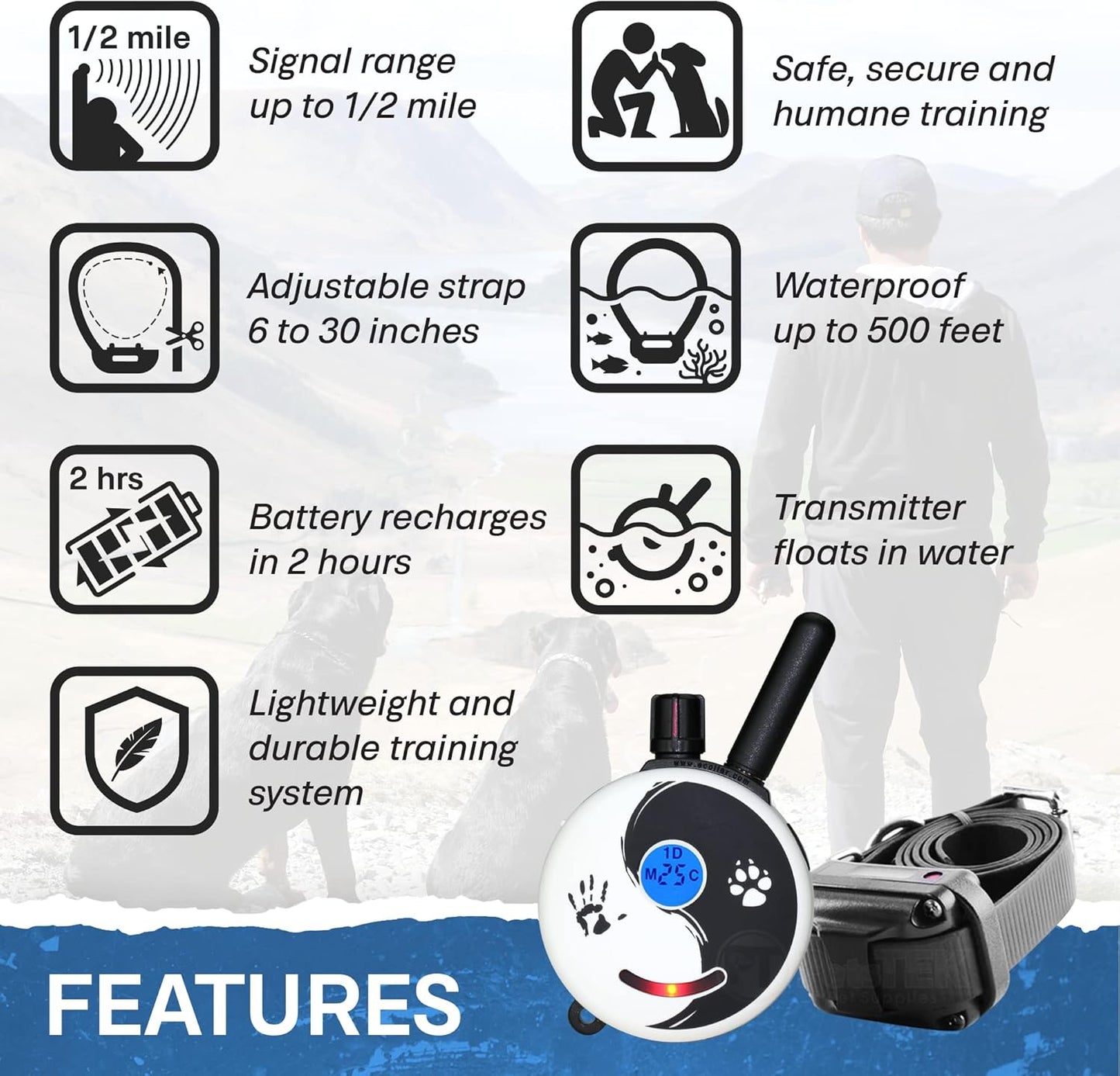 E-Collar - ET-300ZEN - 1/2 Mile Remote Waterproof Trainer Mini  - Static, Vibration and Sound Stimulation Collar with Petstek Dog Training Clicker