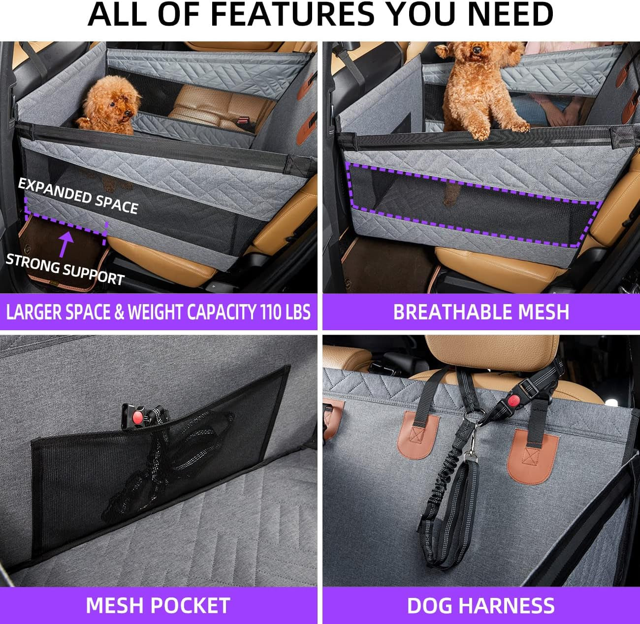 Large Dog Car Seat,Back Seat Extender for Dogs,Waterproof Medium Dog Seat Cover for Backseat, Pet Bed for Car Hammock(Black-L)