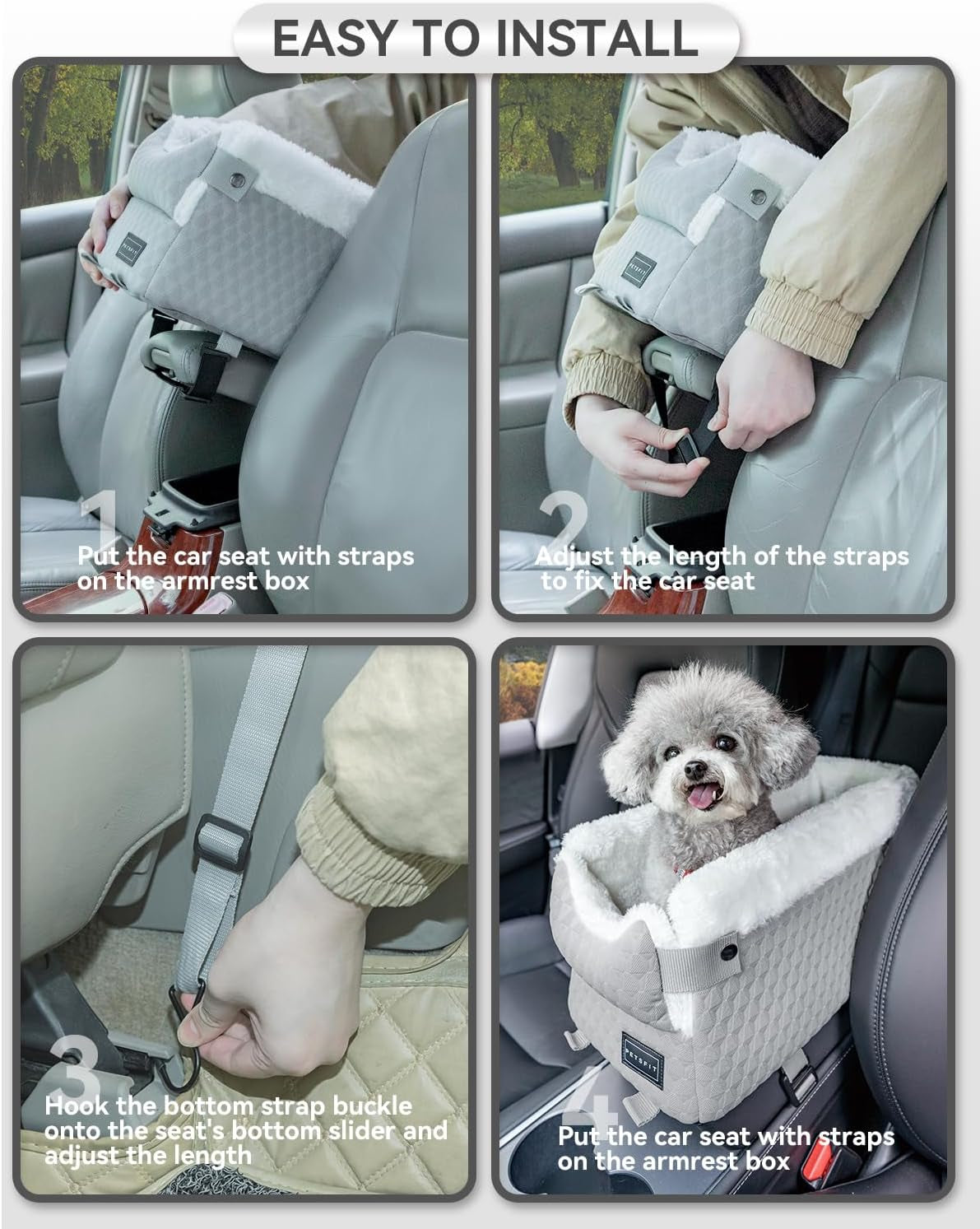 Dog Car Seats for Small Dogs with Safe Protection Hooks, Small Dog Car Seat with Upgraded Safety Tethers, Washable Cushion, Center Console Dog Car Seat (Light Grey)