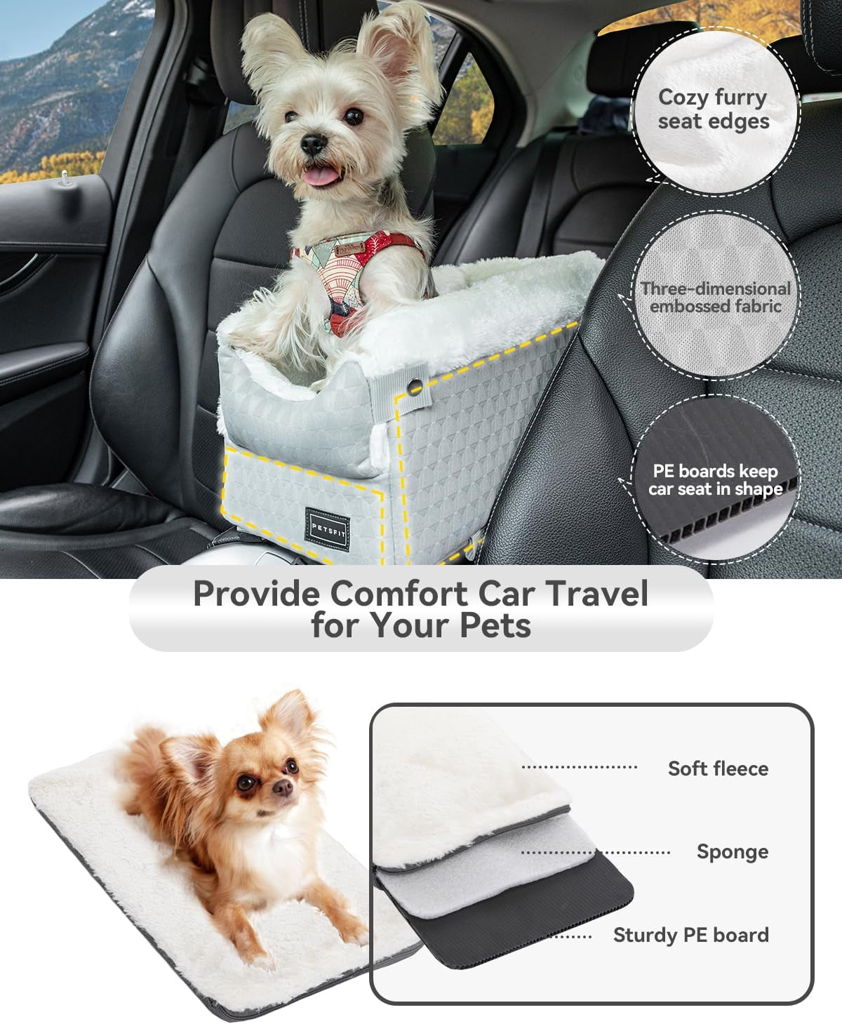 Dog Car Seats for Small Dogs with Safe Protection Hooks, Small Dog Car Seat with Upgraded Safety Tethers, Washable Cushion, Center Console Dog Car Seat (Light Grey)