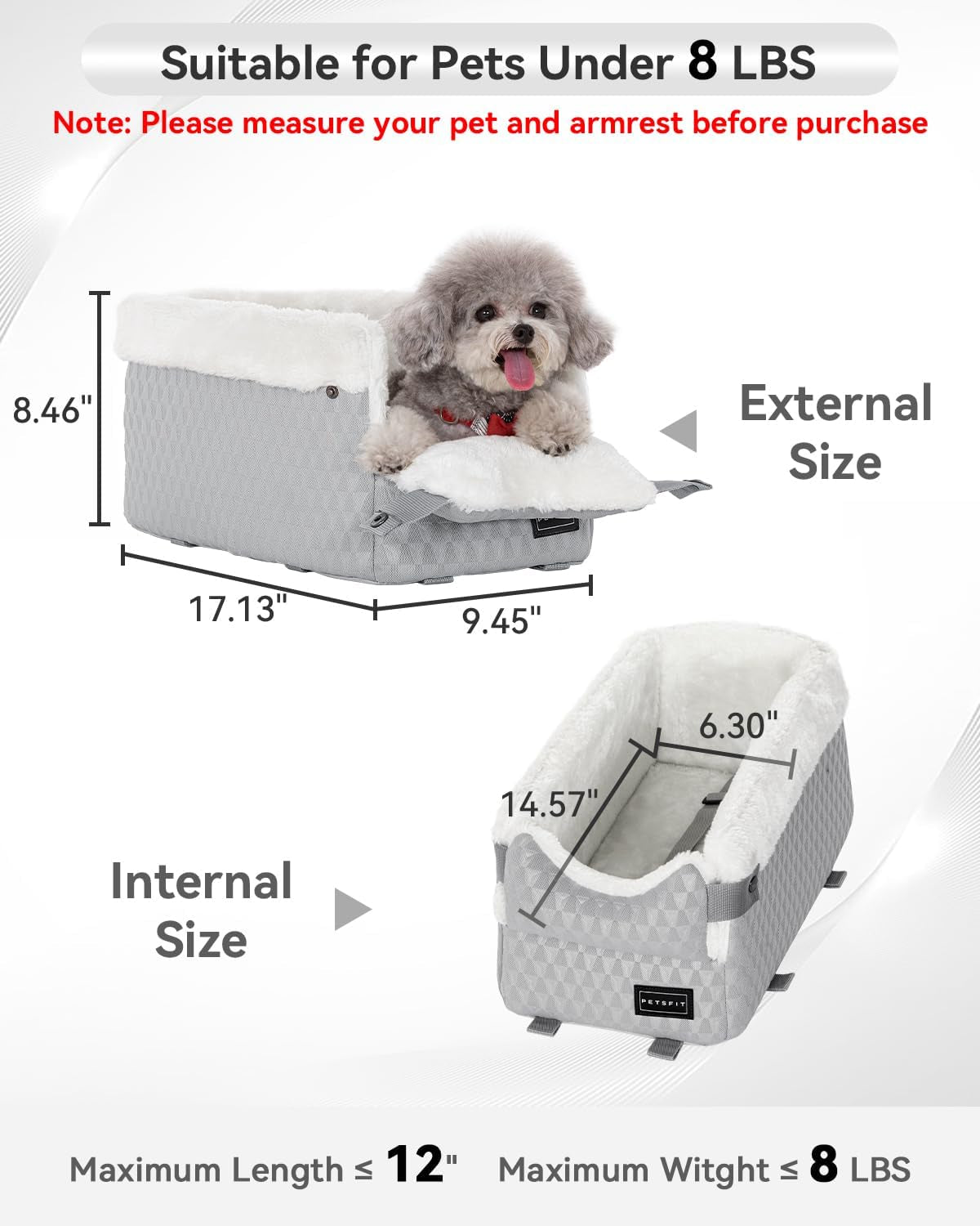 Dog Car Seats for Small Dogs with Safe Protection Hooks, Small Dog Car Seat with Upgraded Safety Tethers, Washable Cushion, Center Console Dog Car Seat (Light Grey)
