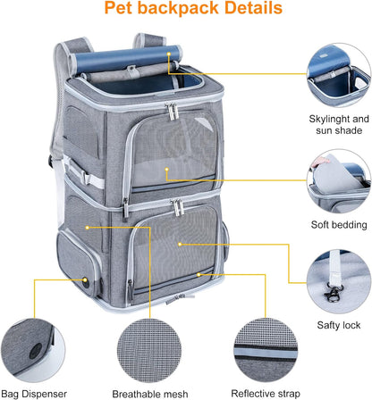Double Cat Carrier for 2 Cats,Dog Backpack Carrier for Medium Dogs,Double Compartment Pet Carrier Backpack for Dual Pets,For Outdoor Traveling/Stroll and Picnic