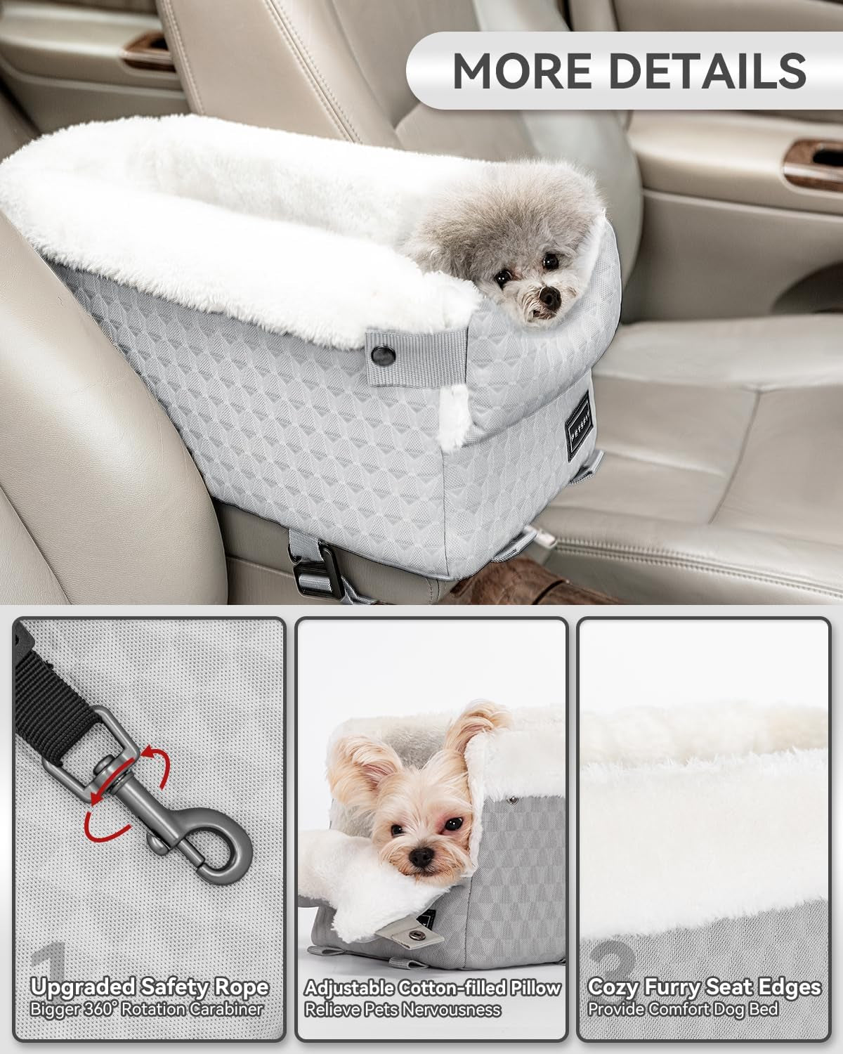 Dog Car Seats for Small Dogs with Safe Protection Hooks, Small Dog Car Seat with Upgraded Safety Tethers, Washable Cushion, Center Console Dog Car Seat (Light Grey)