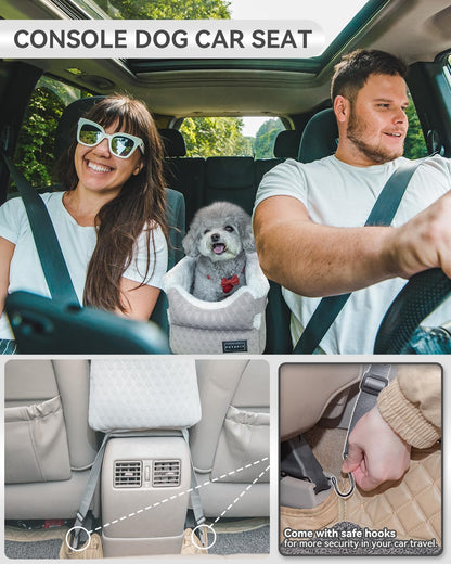 Dog Car Seats for Small Dogs with Safe Protection Hooks, Small Dog Car Seat with Upgraded Safety Tethers, Washable Cushion, Center Console Dog Car Seat (Light Grey)